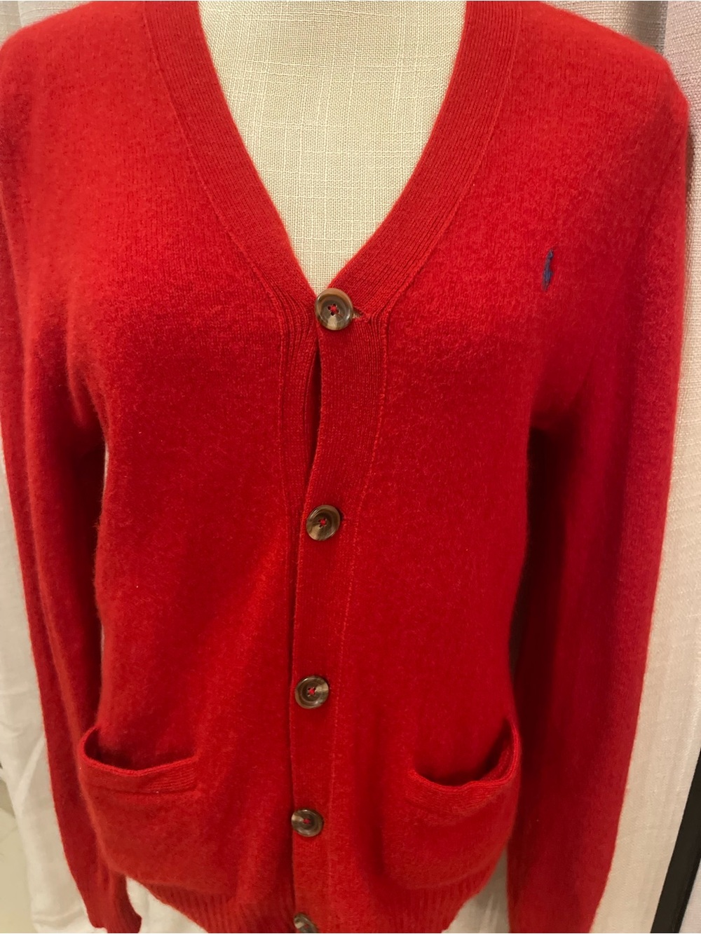 Vintage Ralph Lauren Italian Yarn Lambswool Red V-Neck Button Front Cardigan